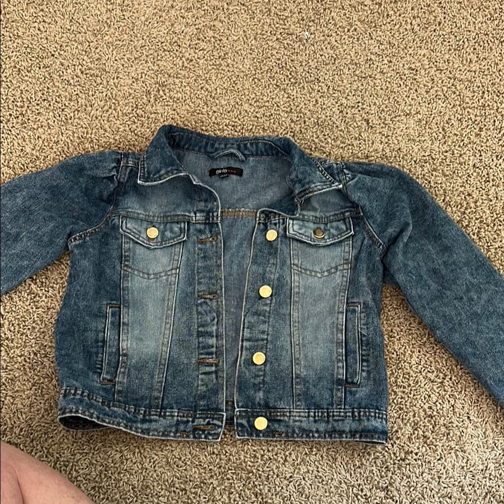 Two items. Kids Denim Jacket & Gap zip up gray hoodie with pink lettering.